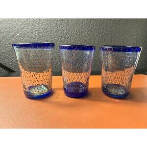 Lot of 3 Blue & Orange Glass Tumblers Hand-blown Lattice & Dot Pattern 5" Tall